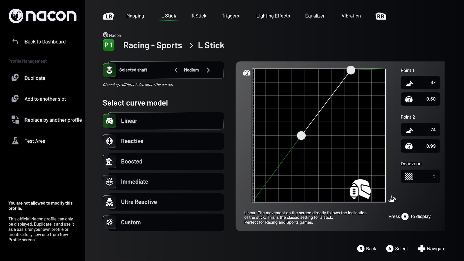LCDスクリーンではプリセットからしか選べなかったジョイスティックの感度も、アプリでは自由に設定できる