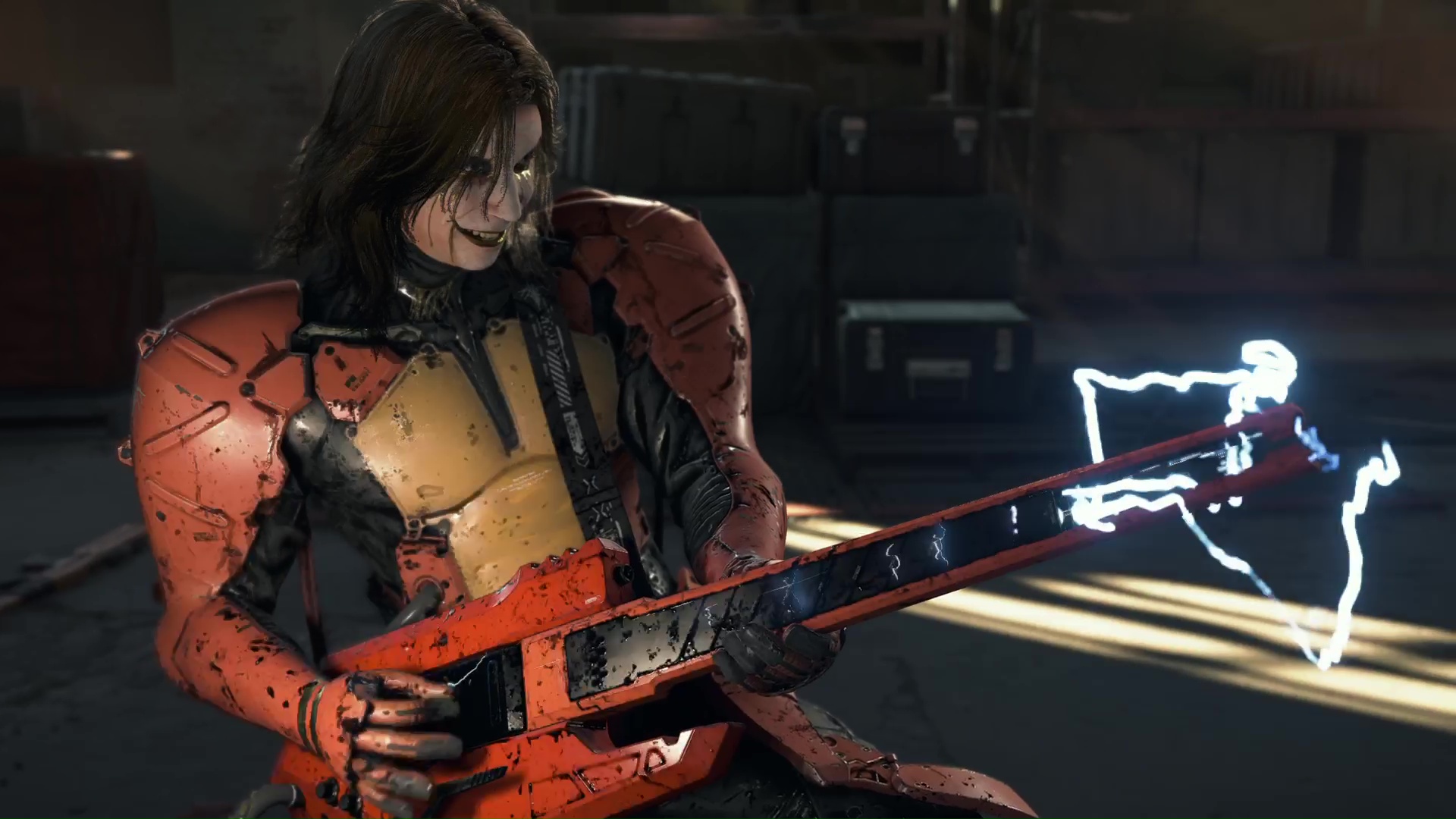 ゴーストメックの部隊を率いてサムの前に立ちはだかるヒッグス。ギターのような武器を使いこなす