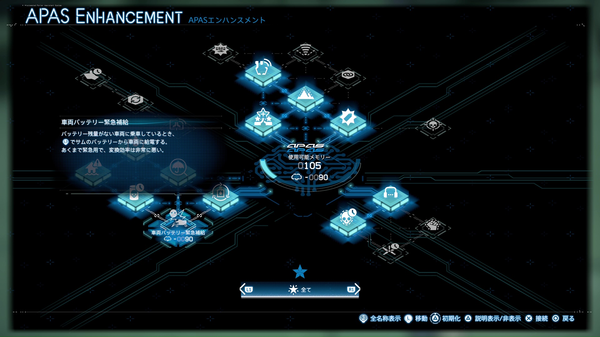 サムのパッシブスキル「APASエンハンスメント」。内容はゲームを進めると増えていき、「メモリー」を消費して身に着けられる。いつでも習得・解除が可能だ