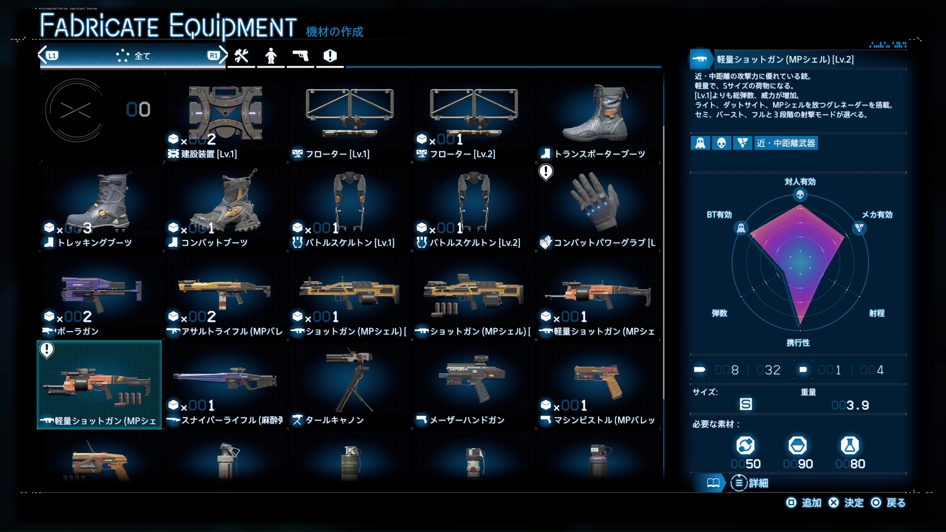 依頼開始時は持っていく機材を作れる。どれを選ぶかはプレーヤーの自由だ