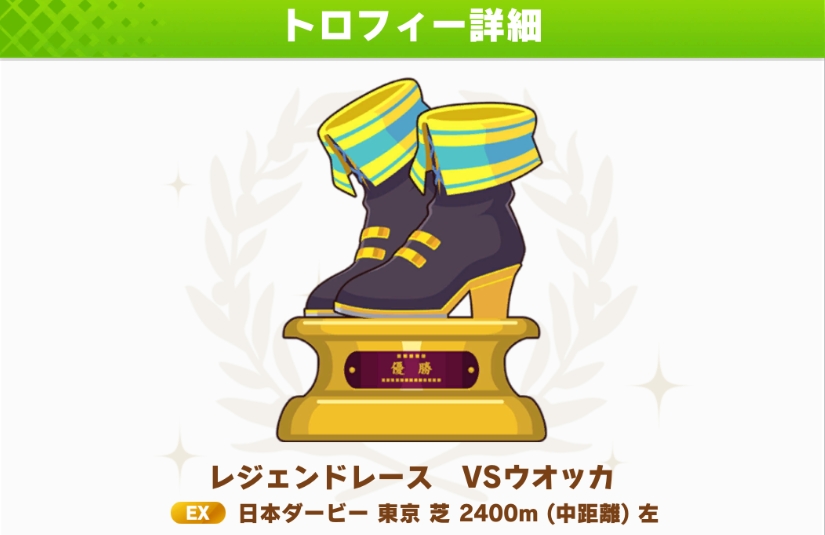 ゲーム「ウマ娘」の「レジェンドレース VSウオッカ」で勝利することで獲得できるトロフィー。もちろんウオッカの靴がモチーフとなっている