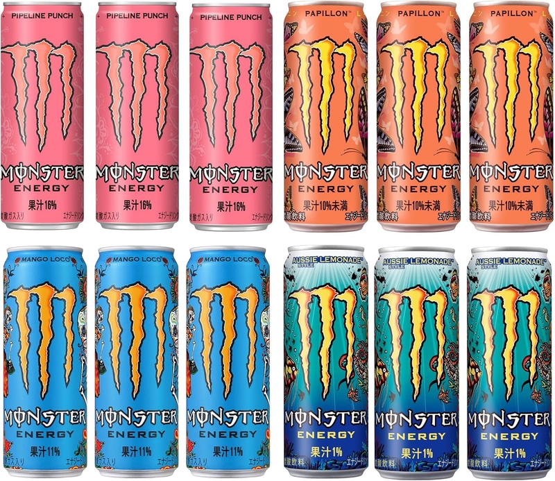 モンスター パイプラインパンチ 355ml×3本、モンスターパピヨン 355ml×3本、モンスター マンゴーロコ 355ml×3本、モンスター オージースタイルレモネード 355ml×3本のアソート