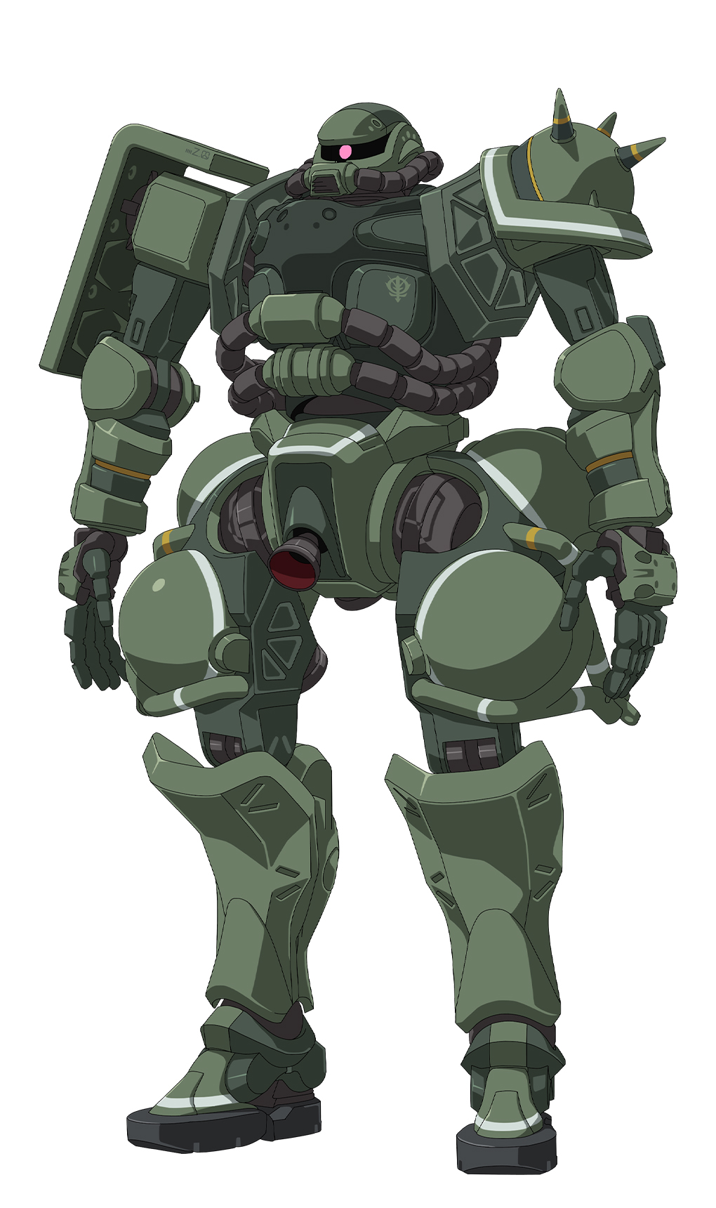 モノアイ、左右異なる肩、動力パイプなど特徴を押さえながらバーニアの位置などを大きく変えた山下いくと氏のデザイン