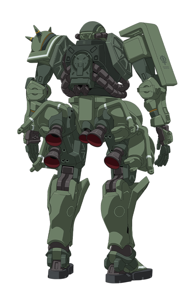 モノアイ、左右異なる肩、動力パイプなど特徴を押さえながらバーニアの位置などを大きく変えた山下いくと氏のデザイン