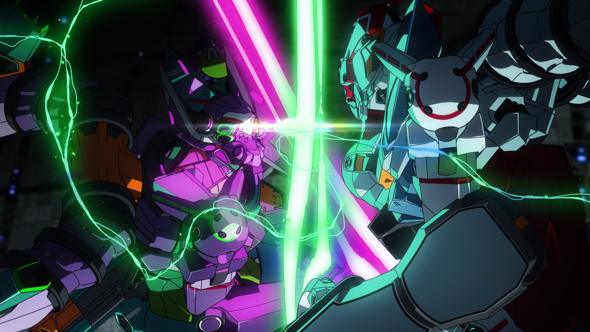 ニャアンのジフレド(左)と、マチュのジークアクスが刃を交える。構図としては面白いが、ちょっとキャラクターの因縁という意味で物足りないと感じたが、「信念を持って進むマチュ」と「流されるままにここに来てしまったニャアン」という背景が明らかになっていく