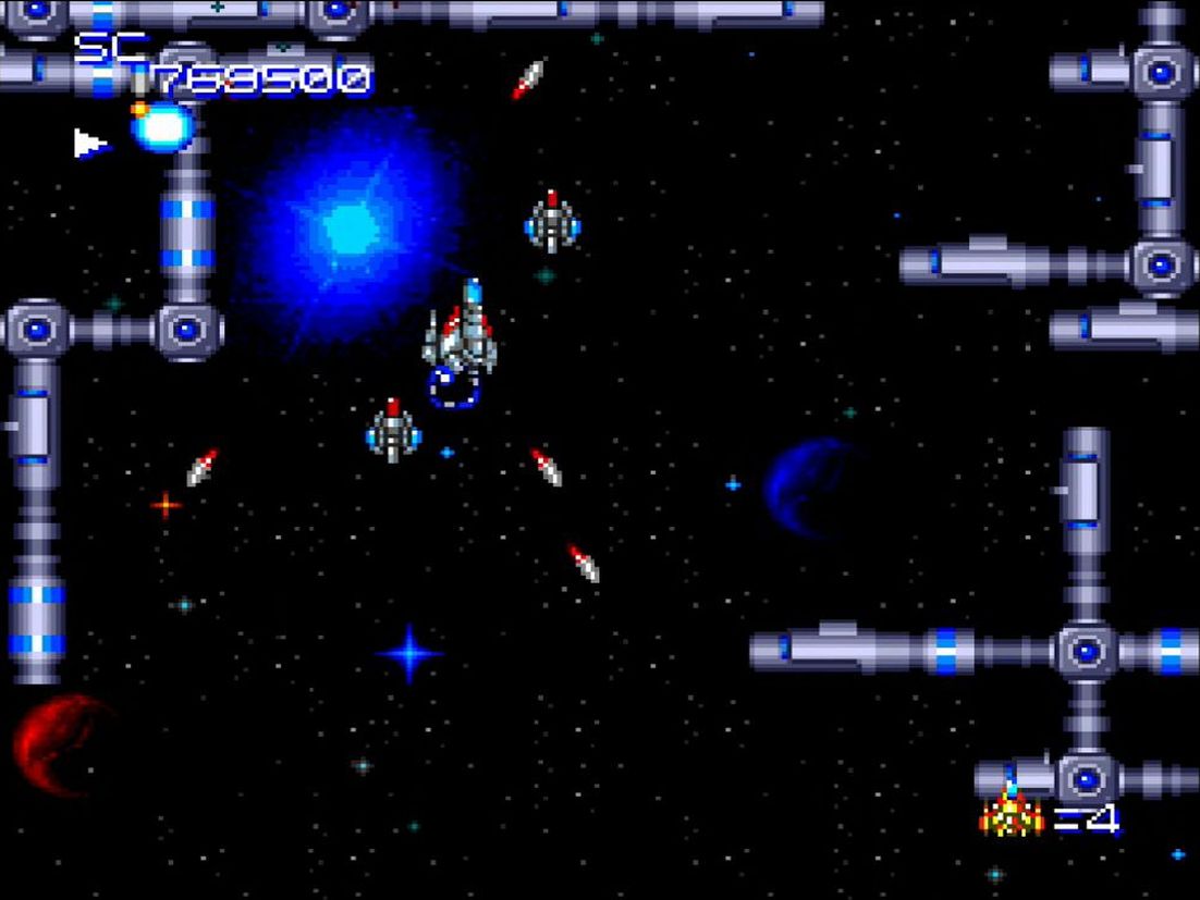 敵弾を防ぎ、触れた敵にダメージを与える自機防御システム