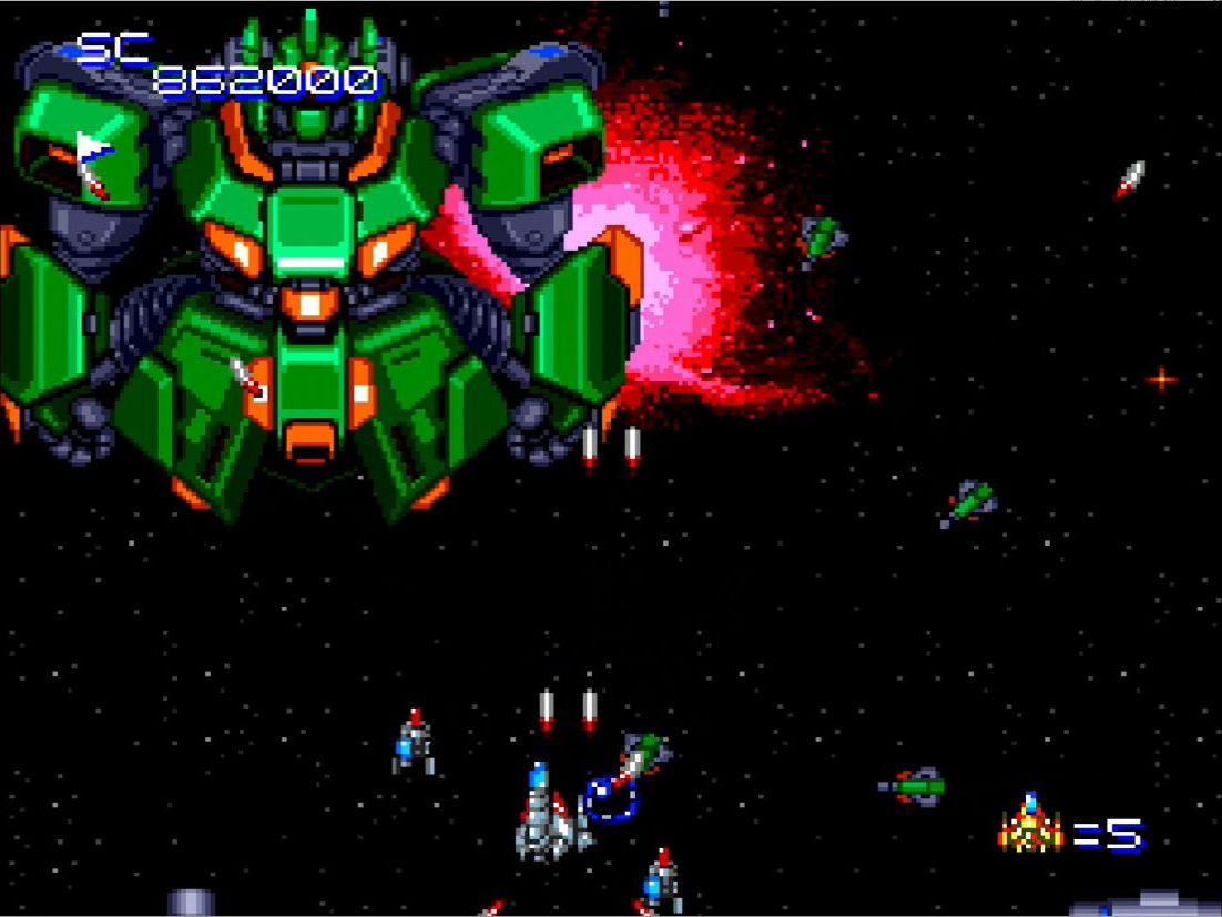 ステージ4のボスは、そのサイズとビジュアル、誘導ミサイルの手強い攻撃のインパクトが強烈だった