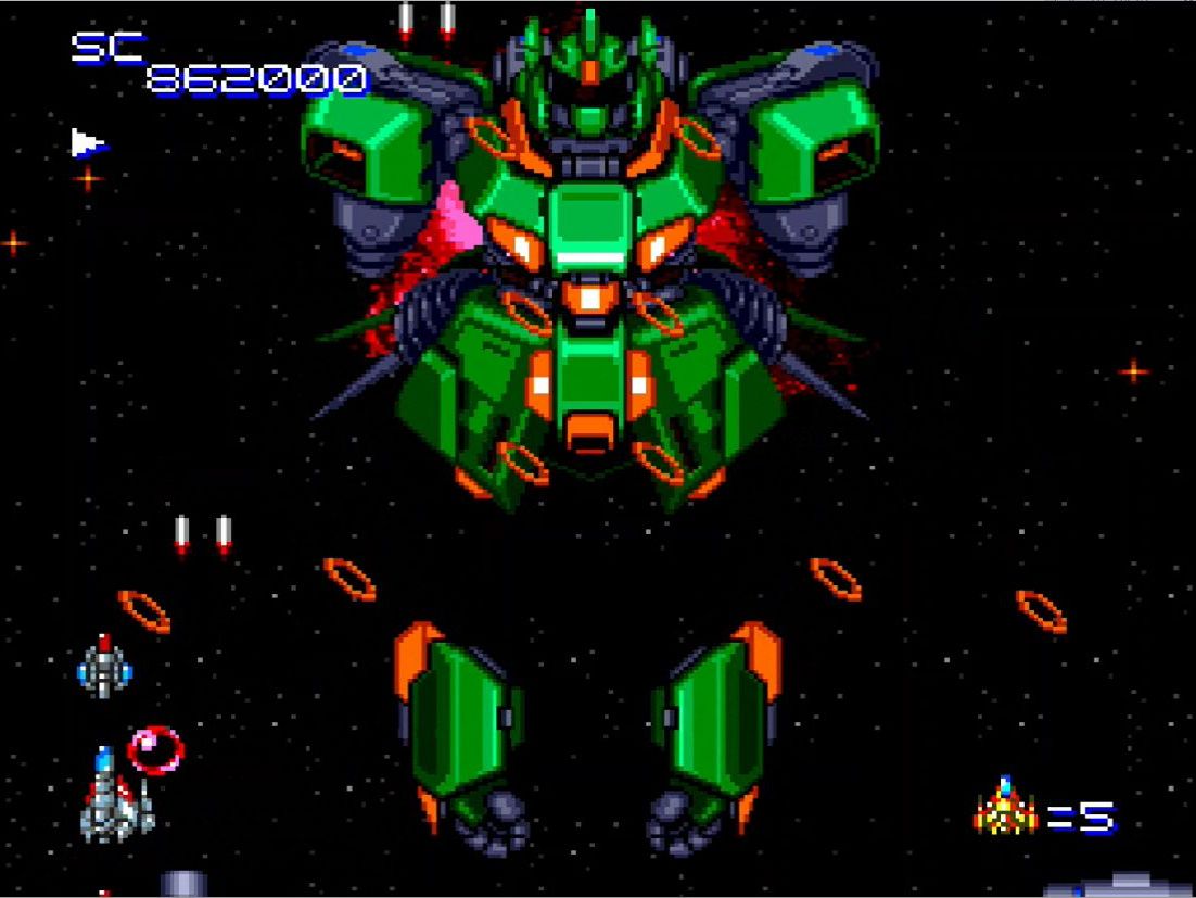 ステージ4のボスは、そのサイズとビジュアル、誘導ミサイルの手強い攻撃のインパクトが強烈だった