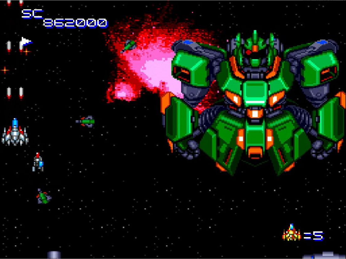 ステージ4のボスは、そのサイズとビジュアル、誘導ミサイルの手強い攻撃のインパクトが強烈だった