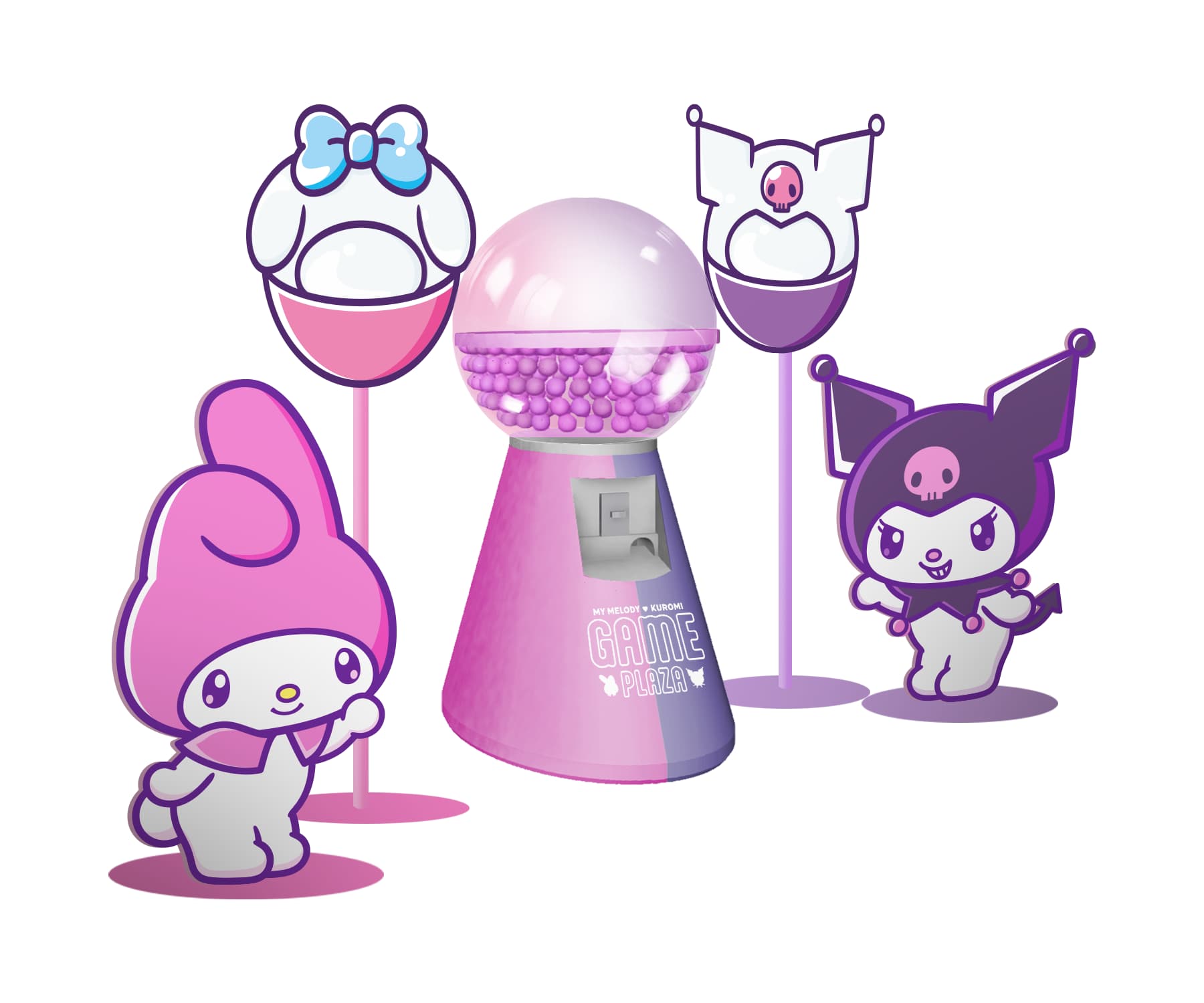 フォトカプセル。マイメロディとクロミのカプセル型の顔出しパネルで撮影ができる。