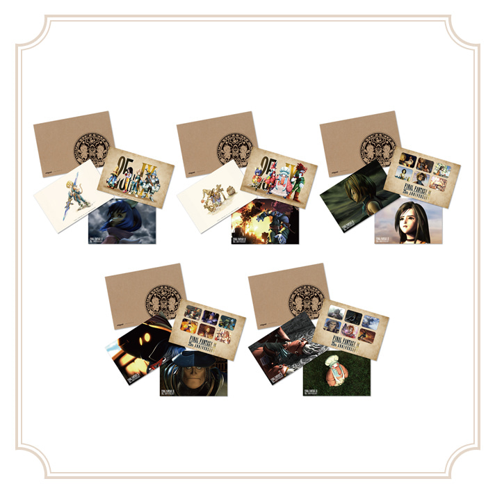 「FINAL FANTASY IX」作中の名シーンやCG、板鼻利幸氏が描いたイラストがデザインされたポストカードセット。モグネットをモチーフにした封筒付き