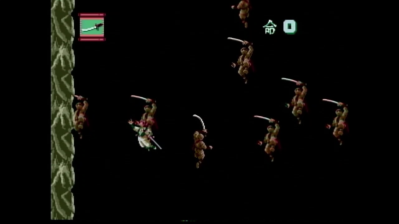 刀を頭上にかざした多数の忍者を避ける必要がある。