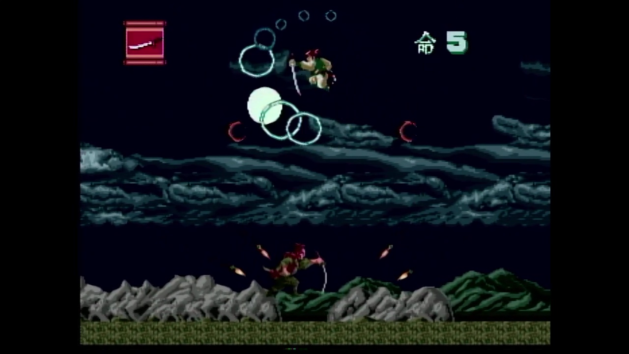 高いジャンプをするが、下には敵キャラが潜り込んでいる。