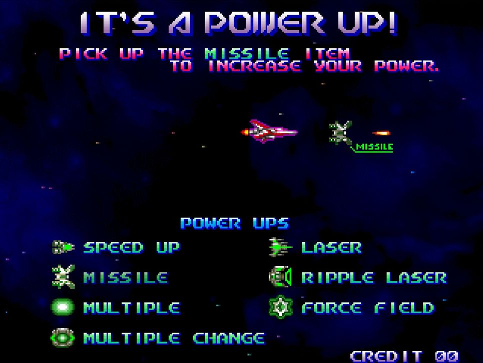 こちらはデモ画面。元祖「沙羅曼蛇」シリーズと同様に、パワーアップの仕組みを順番に教えてくれる