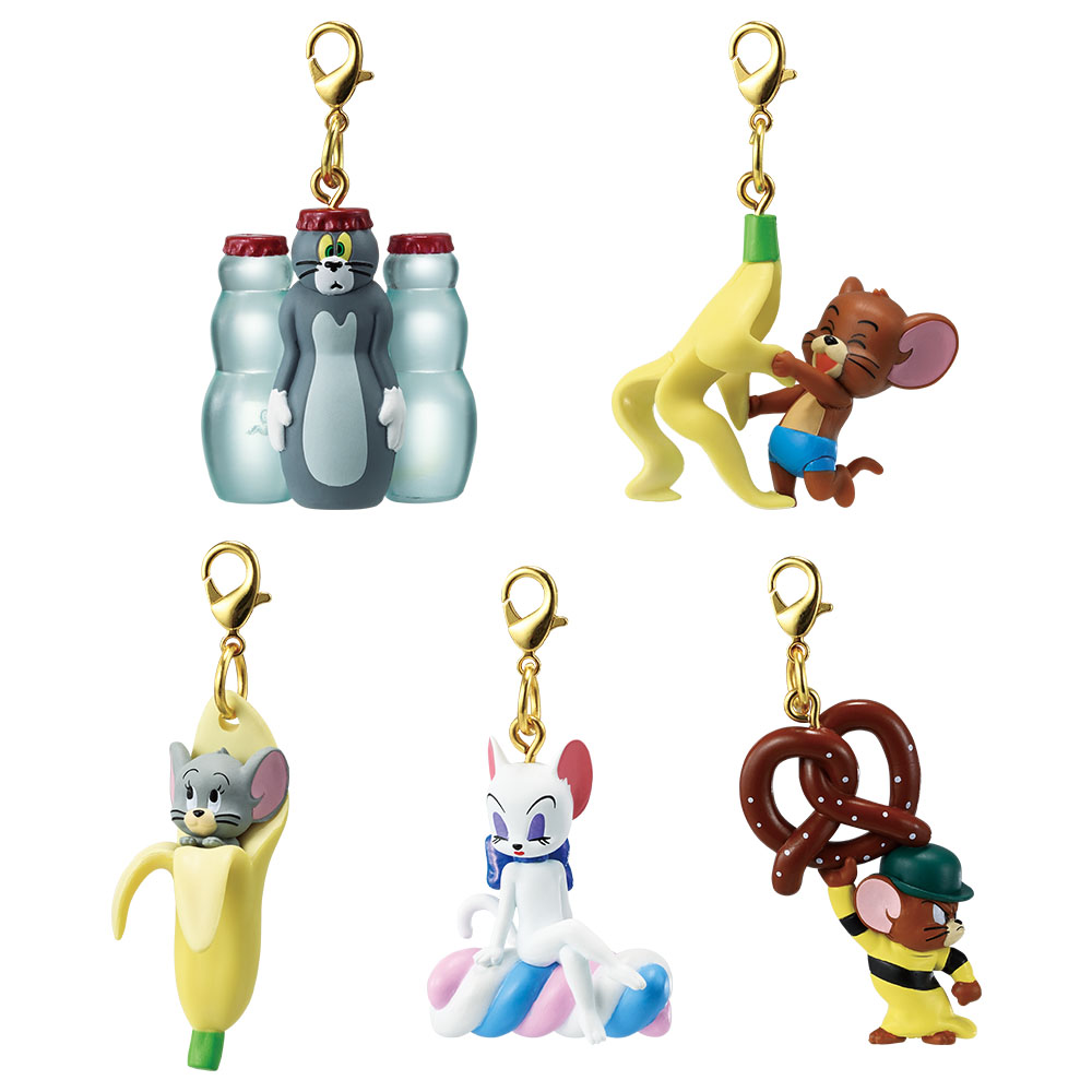 ジュース瓶になってしまったトムに、バナナとダンスするジェリー、バナナに入っちゃったお茶目なタフィーに、マシュマロに座る麗しのトゥードルス、プレッツェルを持ち上げる力持ちのマッスルのフィギュアチャーム