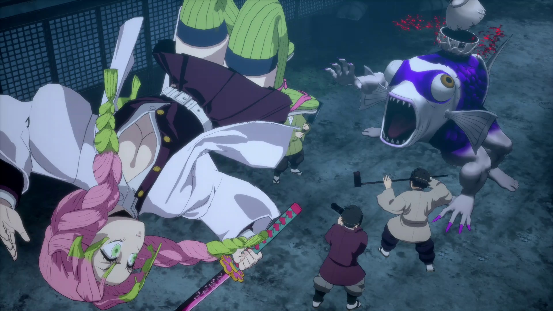 甘露寺蜜璃はリボンのような日輪刀の一太刀で小型の鬼を一掃する