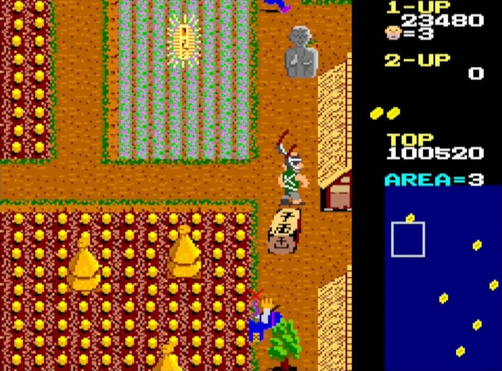 千両箱は、取ると5000点のボーナス得点がもらえるが、喜んでいる間は動けなくなるリスクを負う