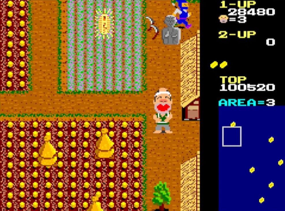 千両箱は、取ると5000点のボーナス得点がもらえるが、喜んでいる間は動けなくなるリスクを負う