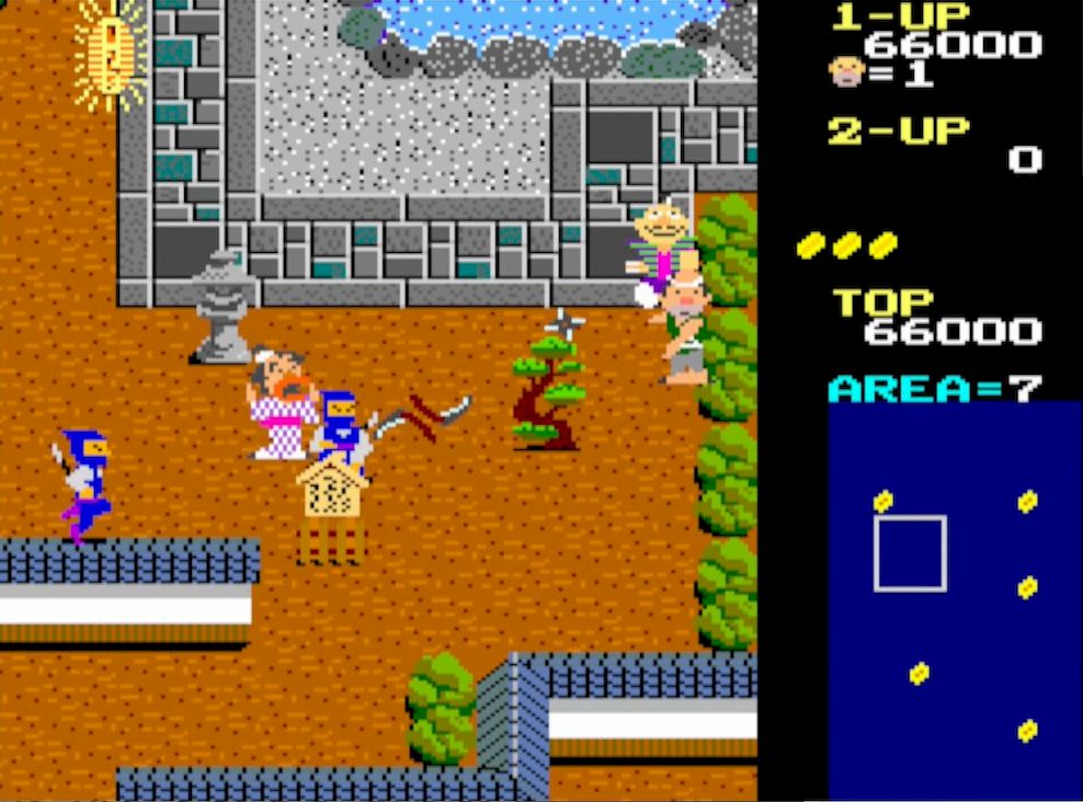 まれに出現するお代官様を捕まえると、1万点の高得点ボーナスがもらえる