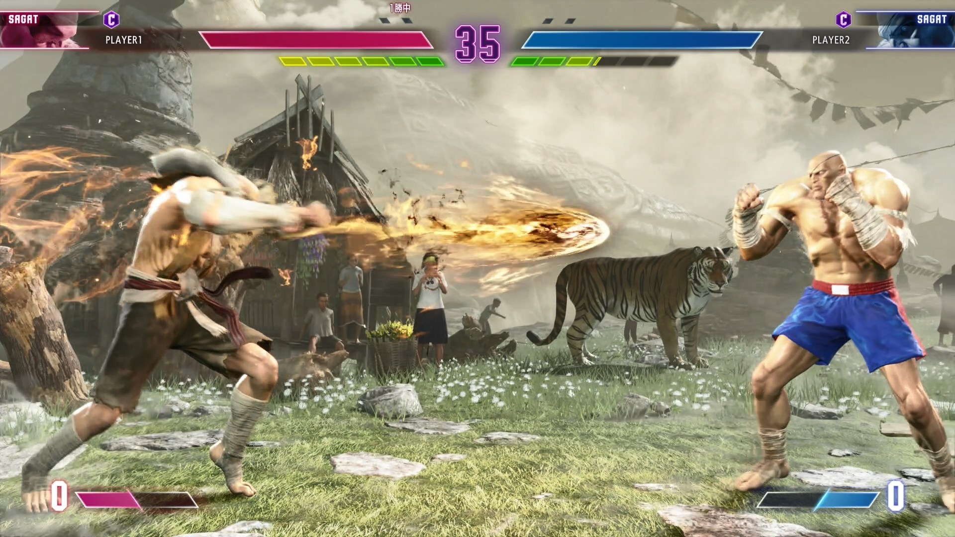 サガット定番の「タイガーショット」。中Pで発動する場合は中速