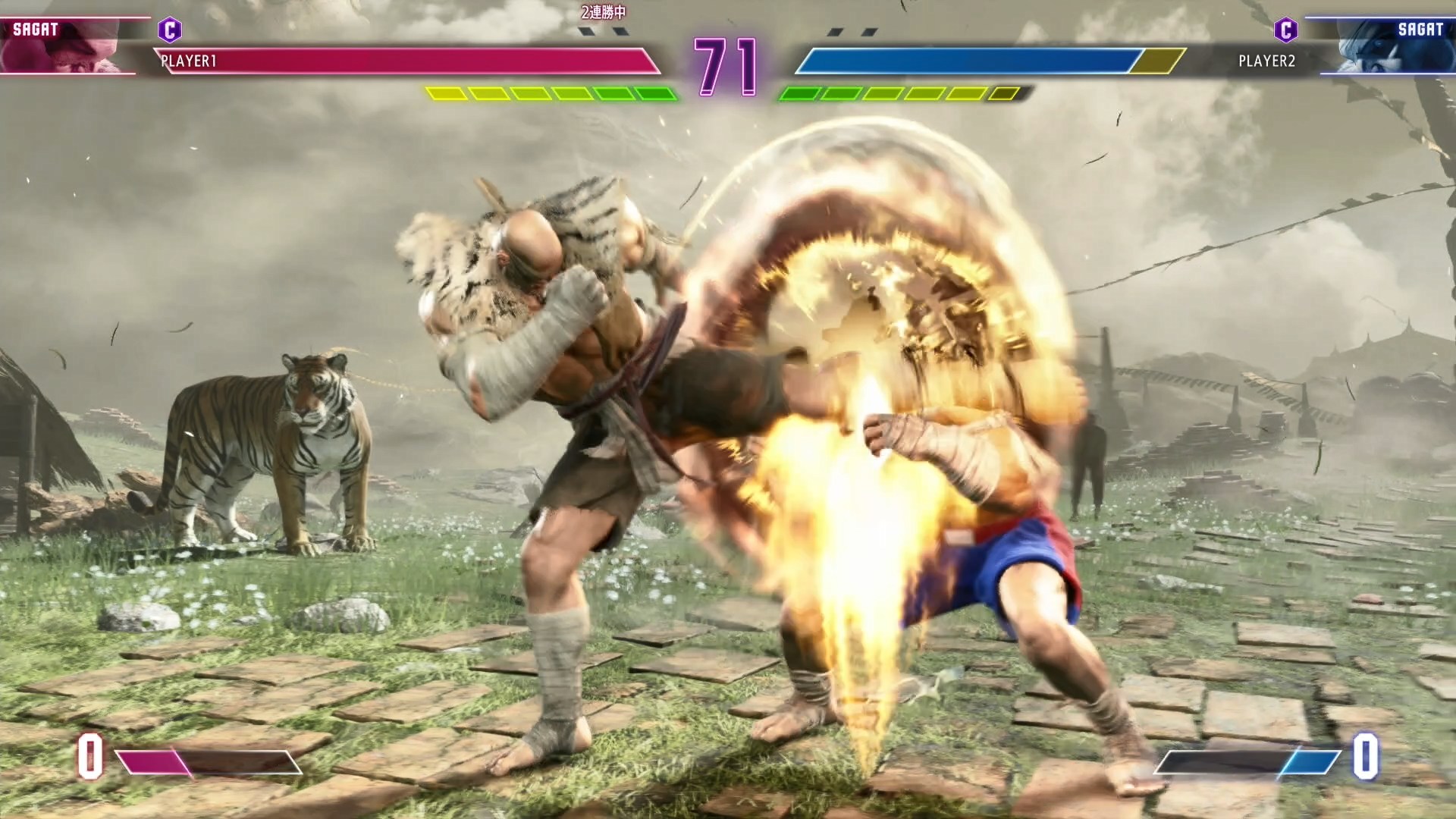 「タイガーマイト」は上から蹴り下ろす「タイガーネクサス」の派生技。中段攻撃なのでしゃがみ防御で始動がガードされてもガードが崩せる