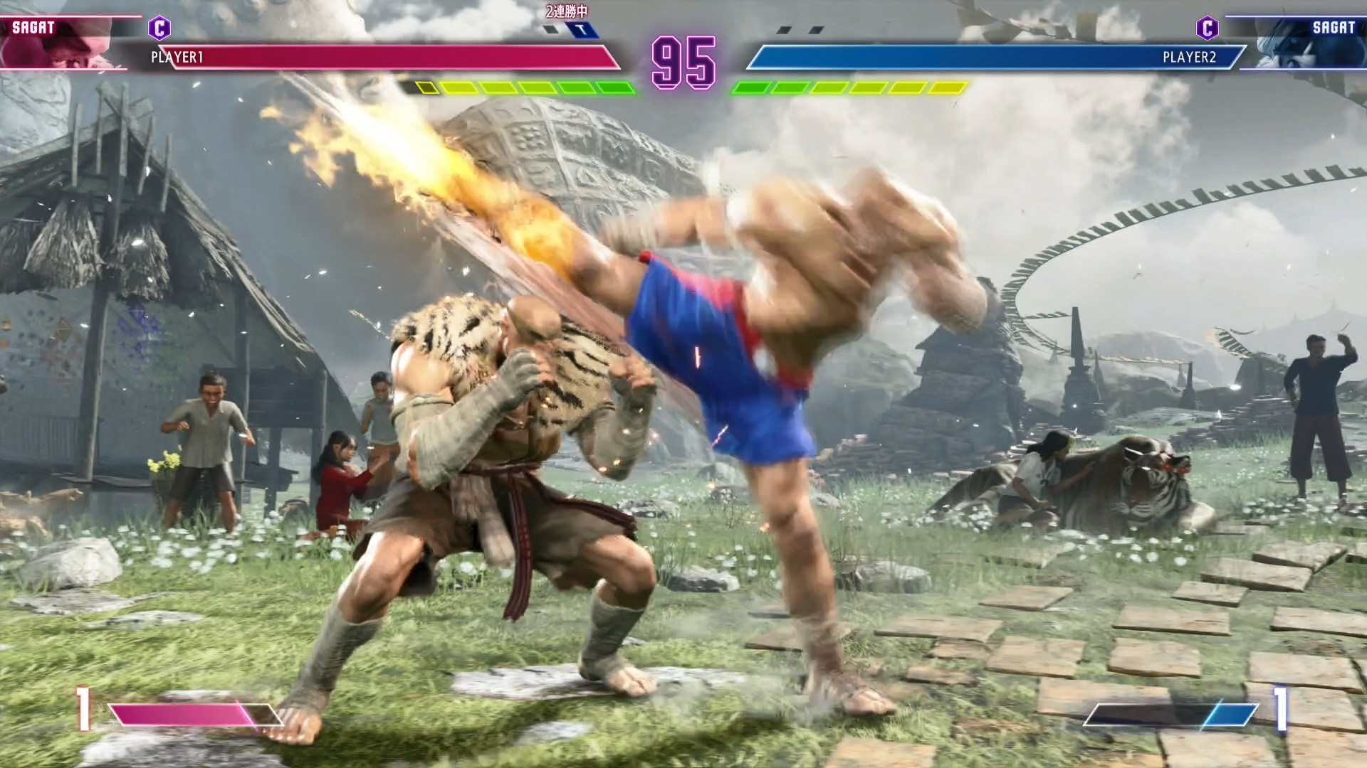 「タイガーグリード」は上段に追撃を行なう「タイガーネクサス」の派生技。相手がしゃがんでいる場合はヒットしない