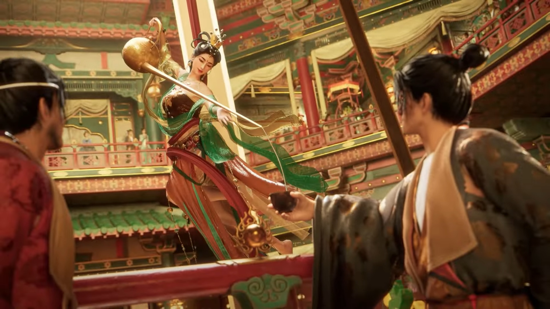 赤い巾につかまり、女たちが自由自在に空中を移動する