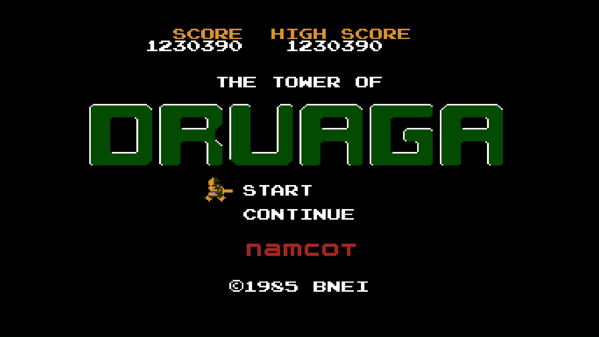 宝箱の出し方の難易度が上がった裏ドルアーガのタイトル画面。このような「裏面」はその後のナムコのいくつかのファミコンタイトルにも存在している