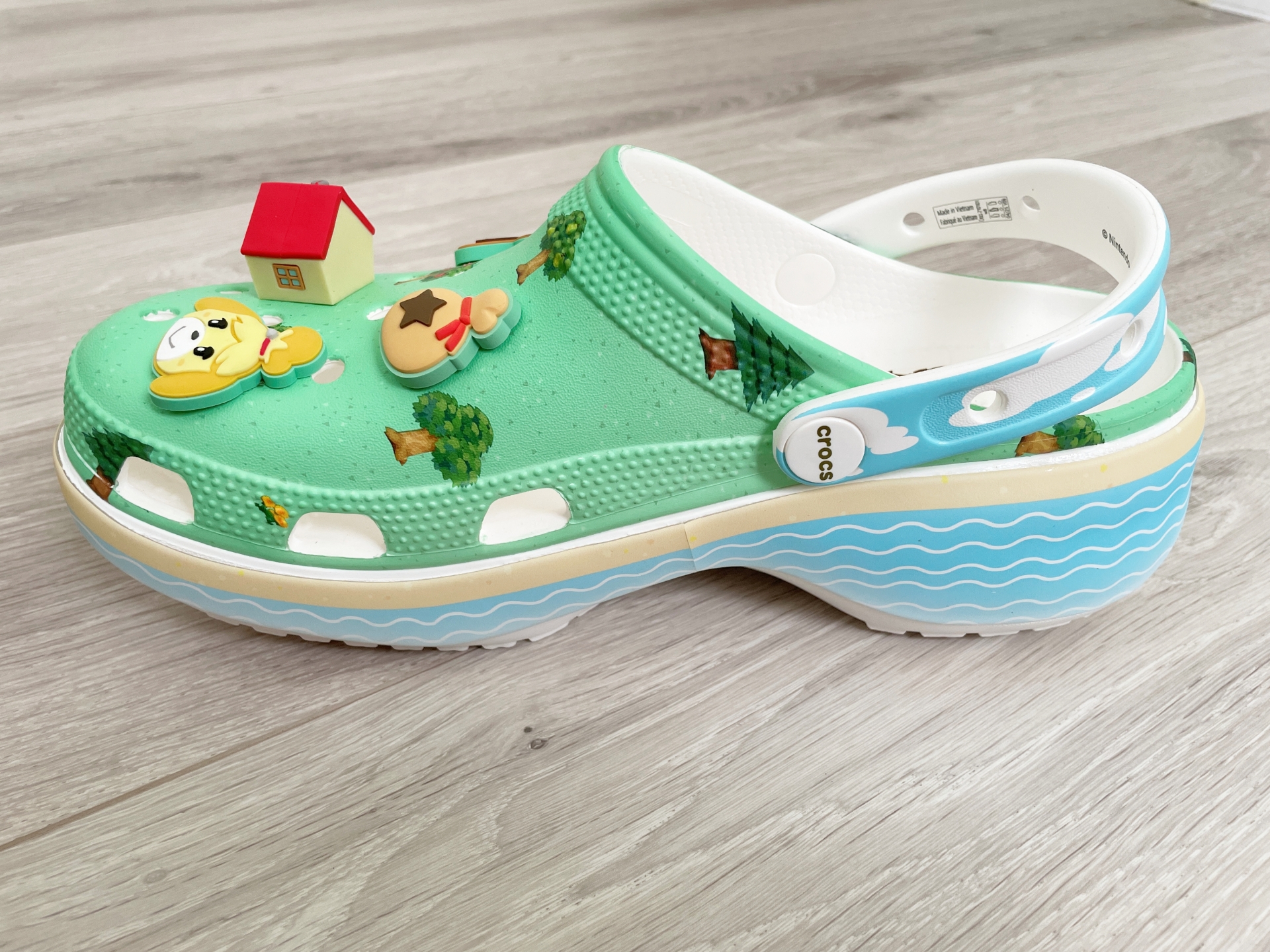 側面と背面。踵部分のベルトは空と風船が描かれている