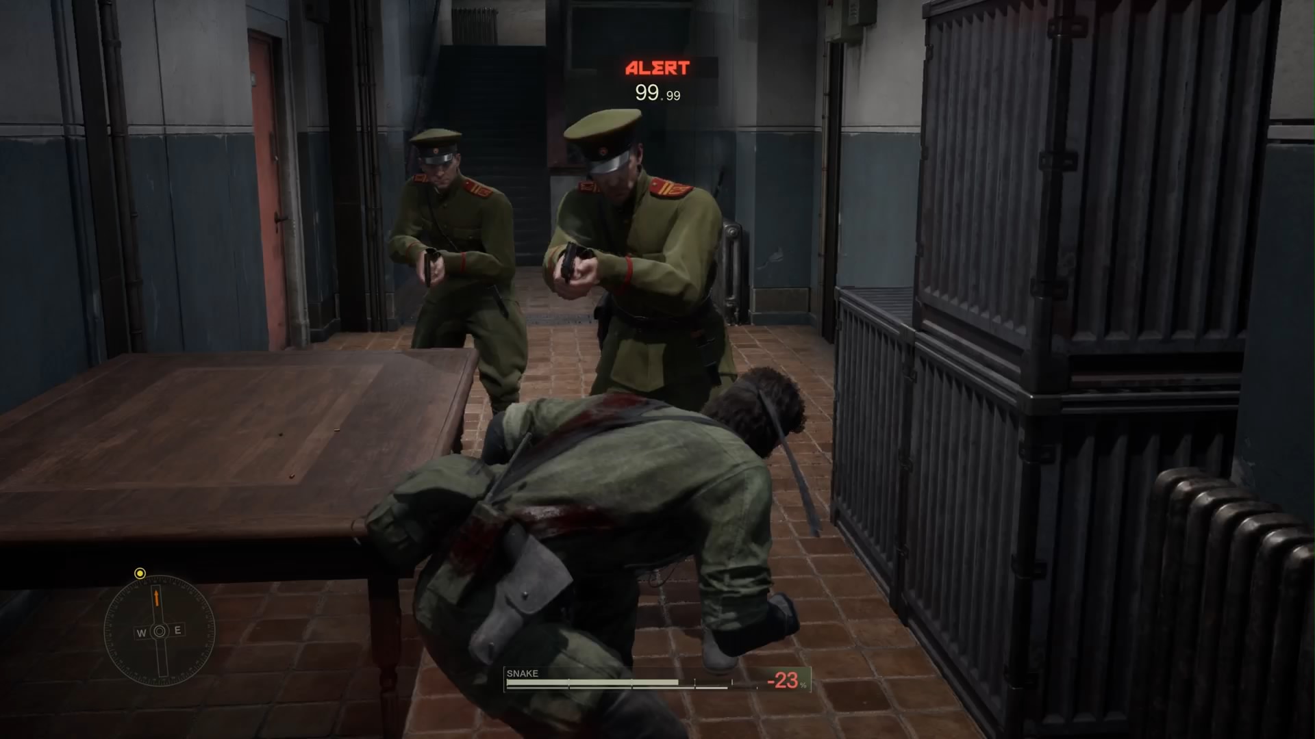 敵に発見されるとアラート状態となる。1対多の戦闘は分が悪く、援軍も送られてくるため、一旦逃げ、隠れてやり過ごすといい