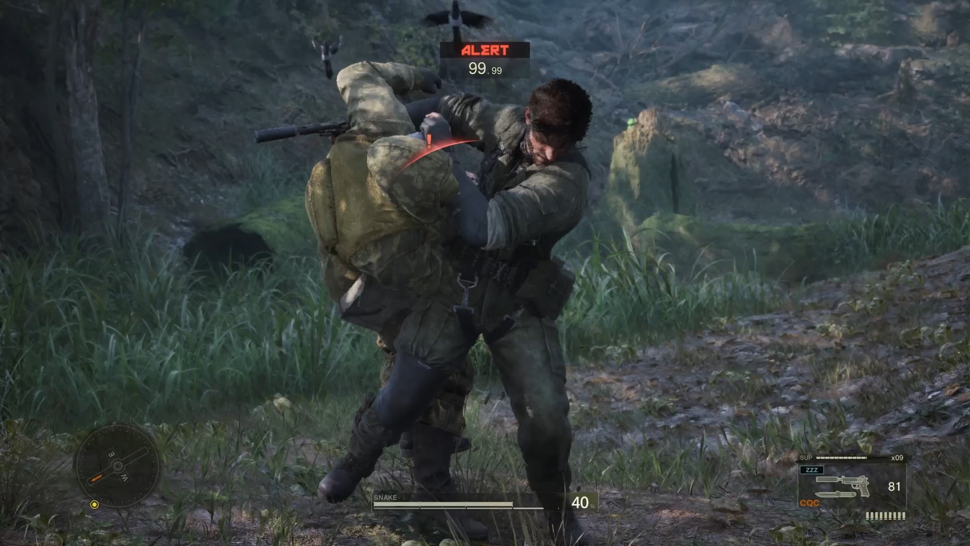 近接戦闘術「CQC」は本作を代表するアクションの1つ。音を立てずに敵兵を排除できるので非常に有用