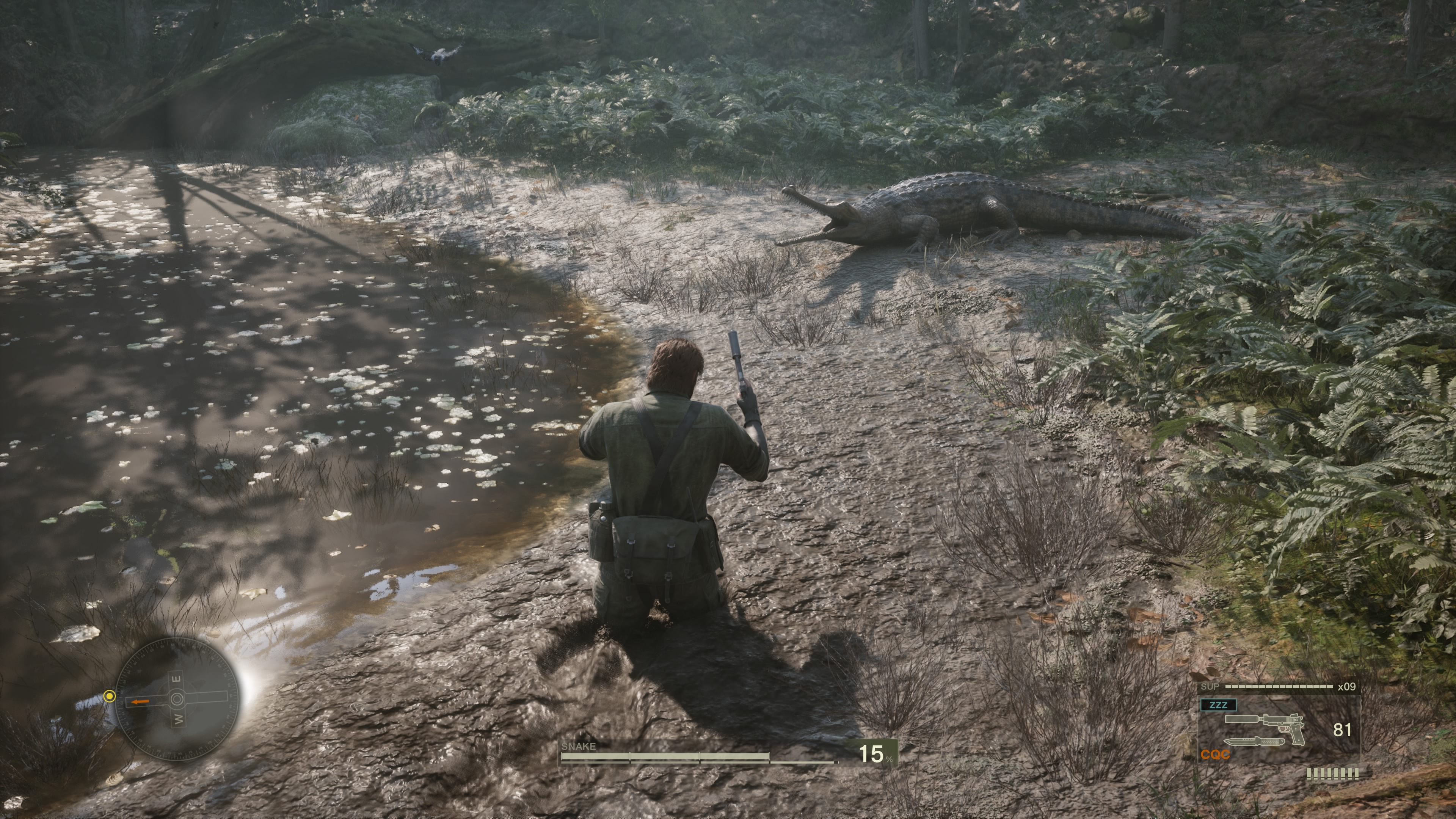 沼地を歩けば泥が跳ね、スネークも汚れる。汚れや傷はムービーにも反映される