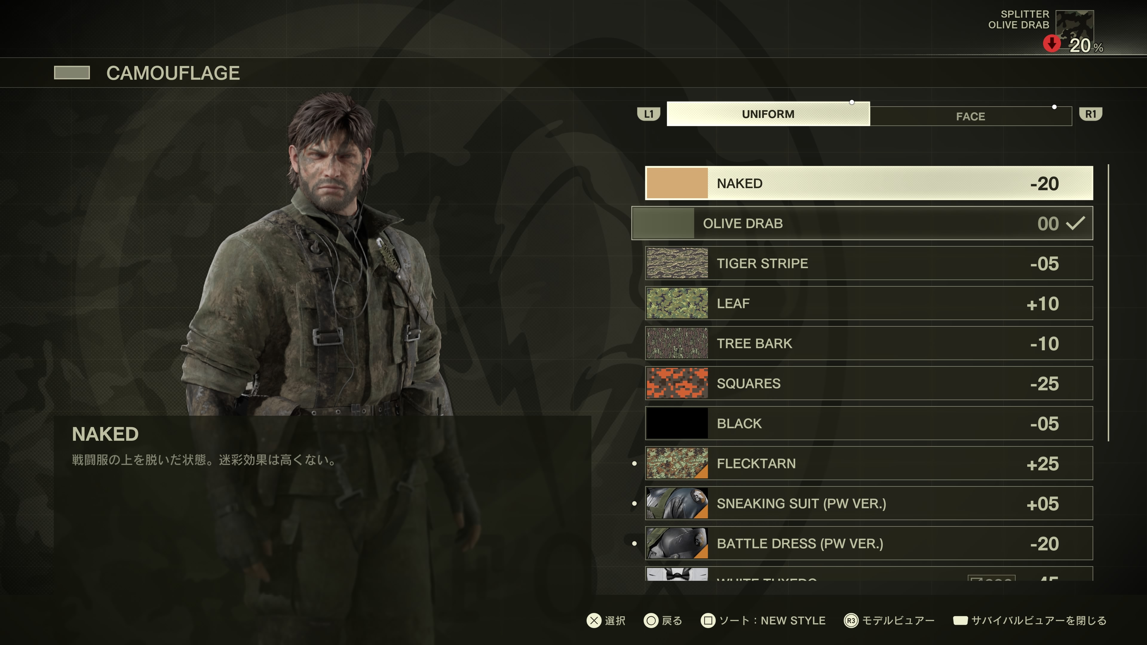環境に合わせたユニフォームとフェイスペイントに着替え、カムフラージュ率を高めれば敵から見つかり辛くなる