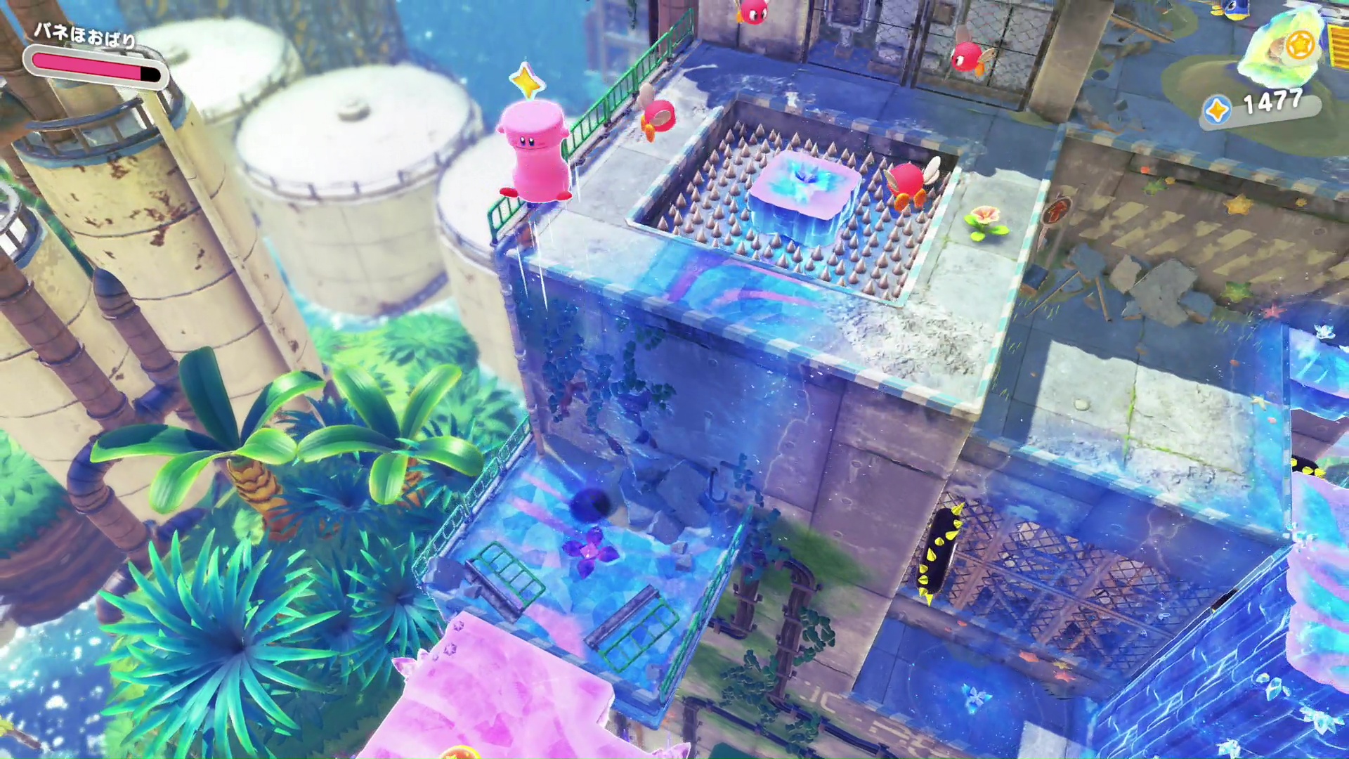 巨大なスプリングを使った「バネほおばり」。大ジャンプと落下による押しつぶしが可能