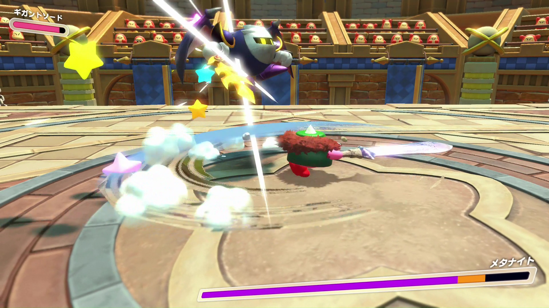ワドルディの町のコロシアムでは新たなバトルも展開。メタナイトは本編から戦える相手だ