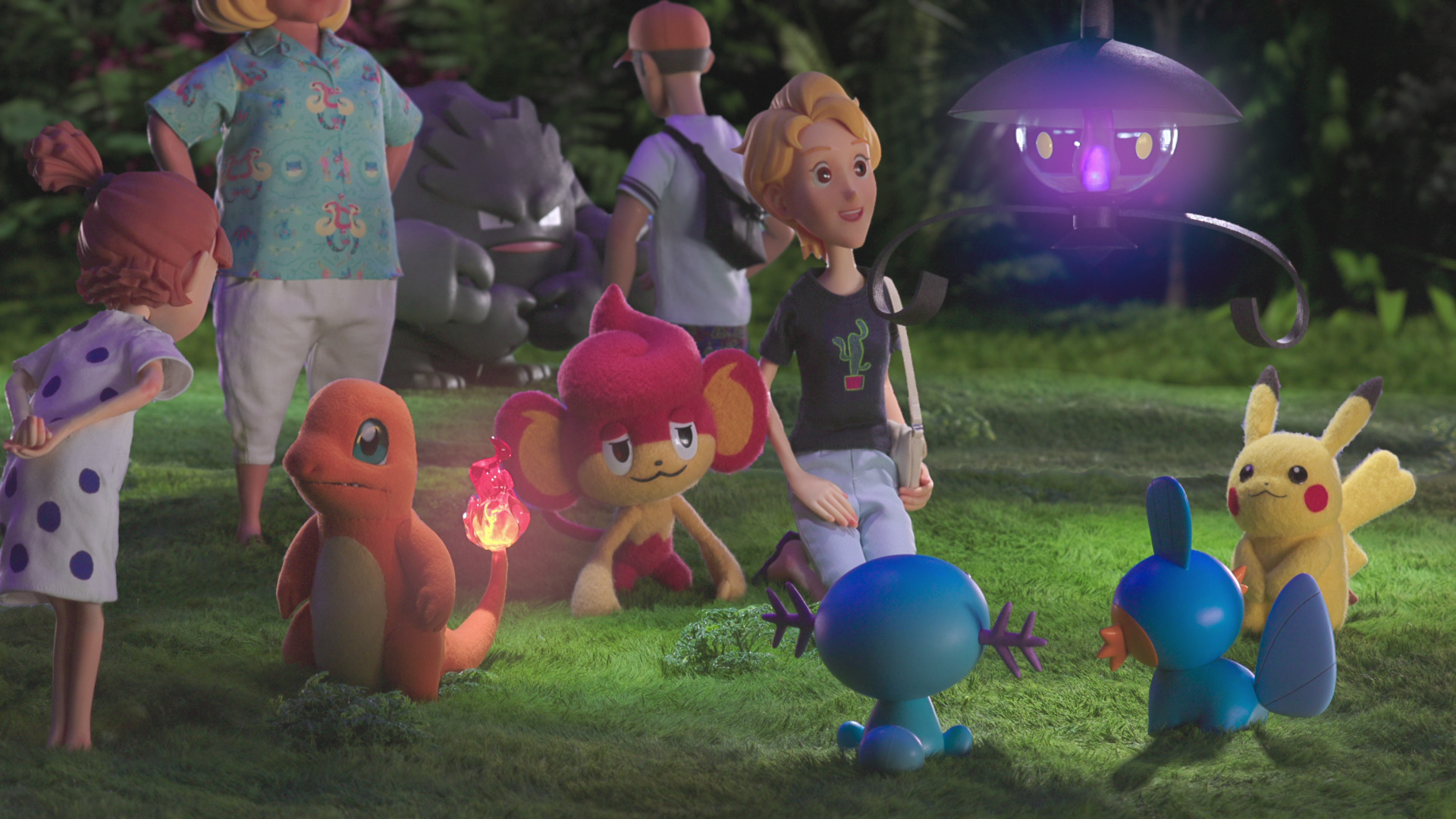 ヒトカゲやランプラーの灯りの下に集まるポケモンたち