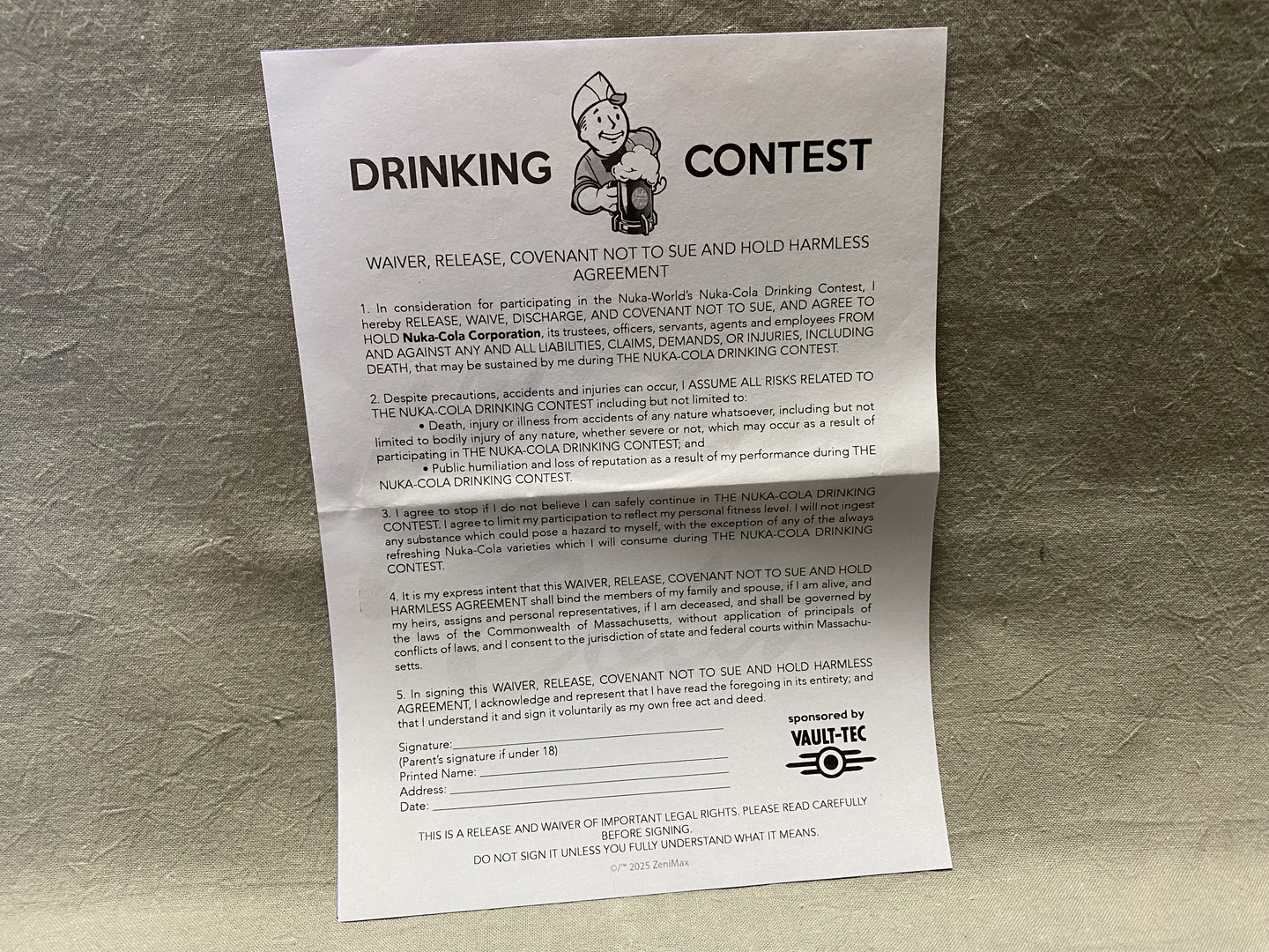 「ヌカ・コーラ飲み比べ大会」用の免責同意書