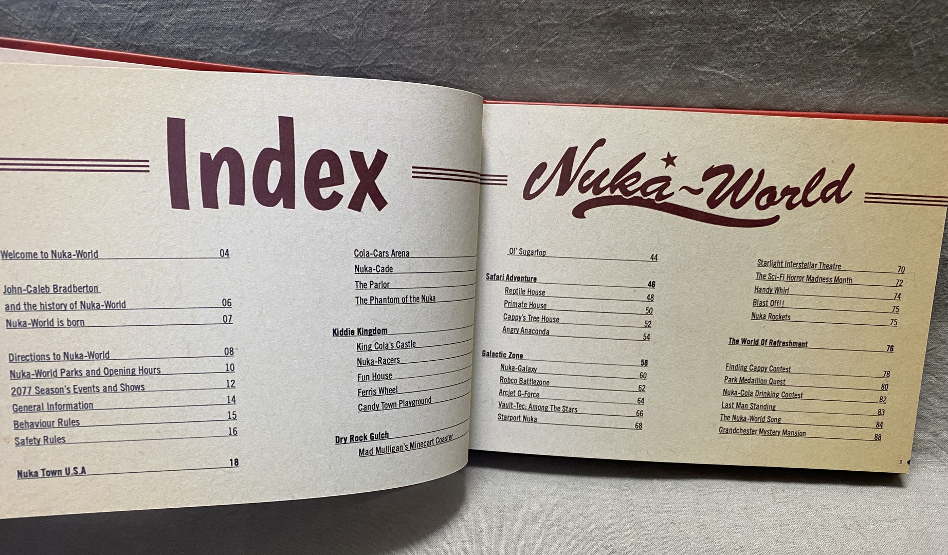 オフィシャルガイドブック目次。各アトラクションについて紹介されている