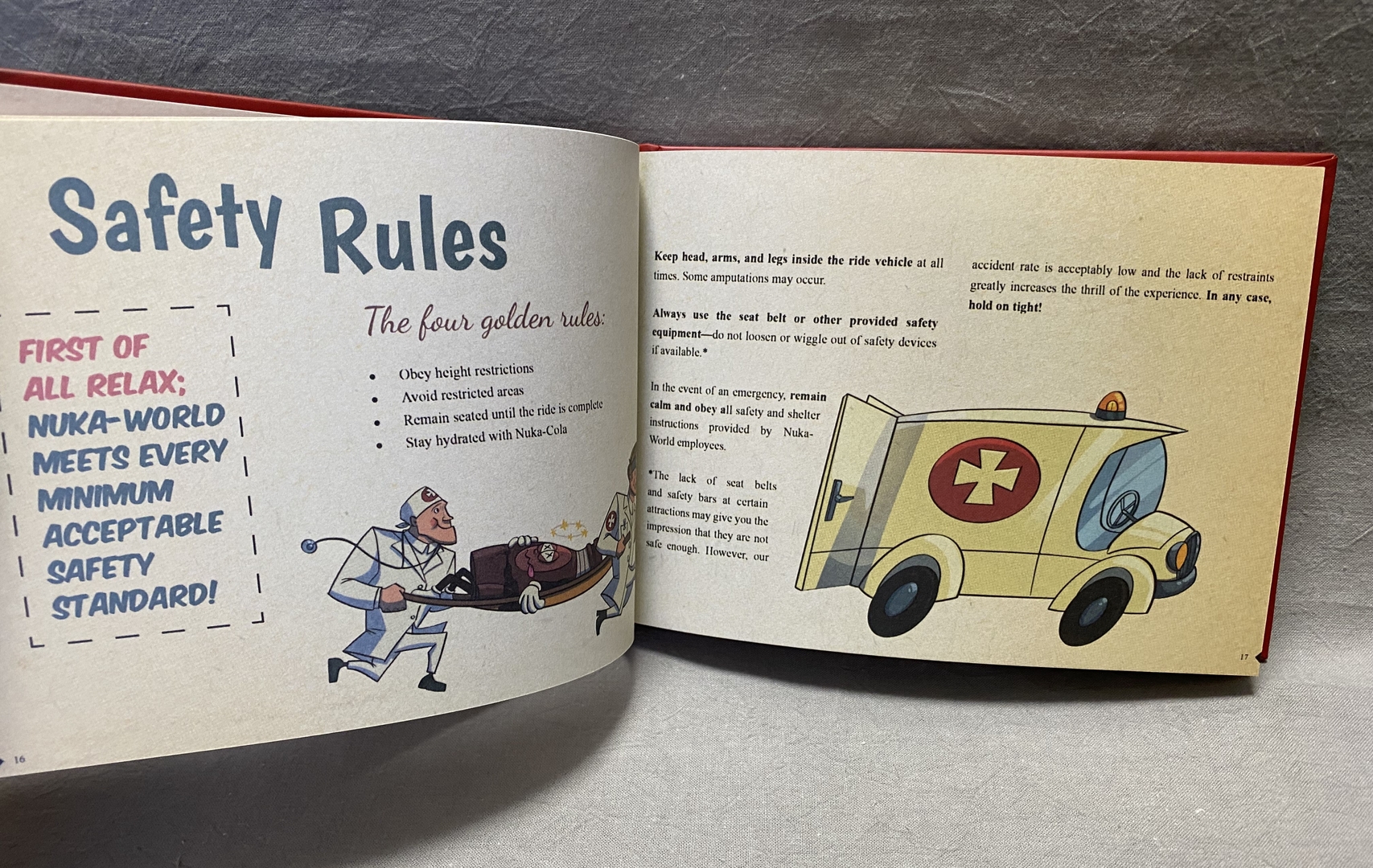 セーフティルール。よく見る安全のためのルールが書かれているかと思いきや突然「『ヌカ・コーラ』で水分補給すること」の表記があり驚く。他のページも世界観を忠実に表現しているのでぜひ読んでみてほしい