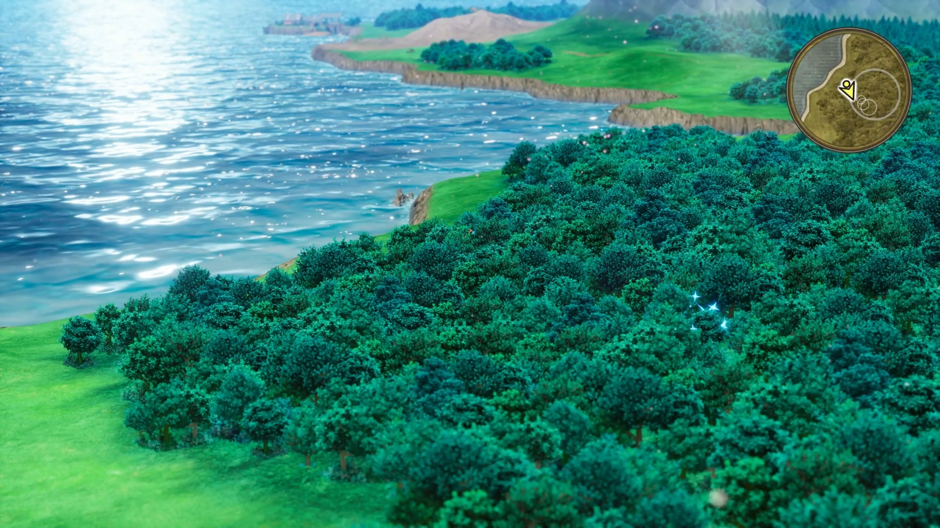 世界地図や画面右上のミニマップで輪が浮かび上がっている場所は、フィールドを歩くと光るエフェクトが見える。そこへ近づいて調べると、アイテムやゴールドなどを得られる。このような場所が何カ所もあるので、あちこち寄り道するモチベーションが上がるというものだ