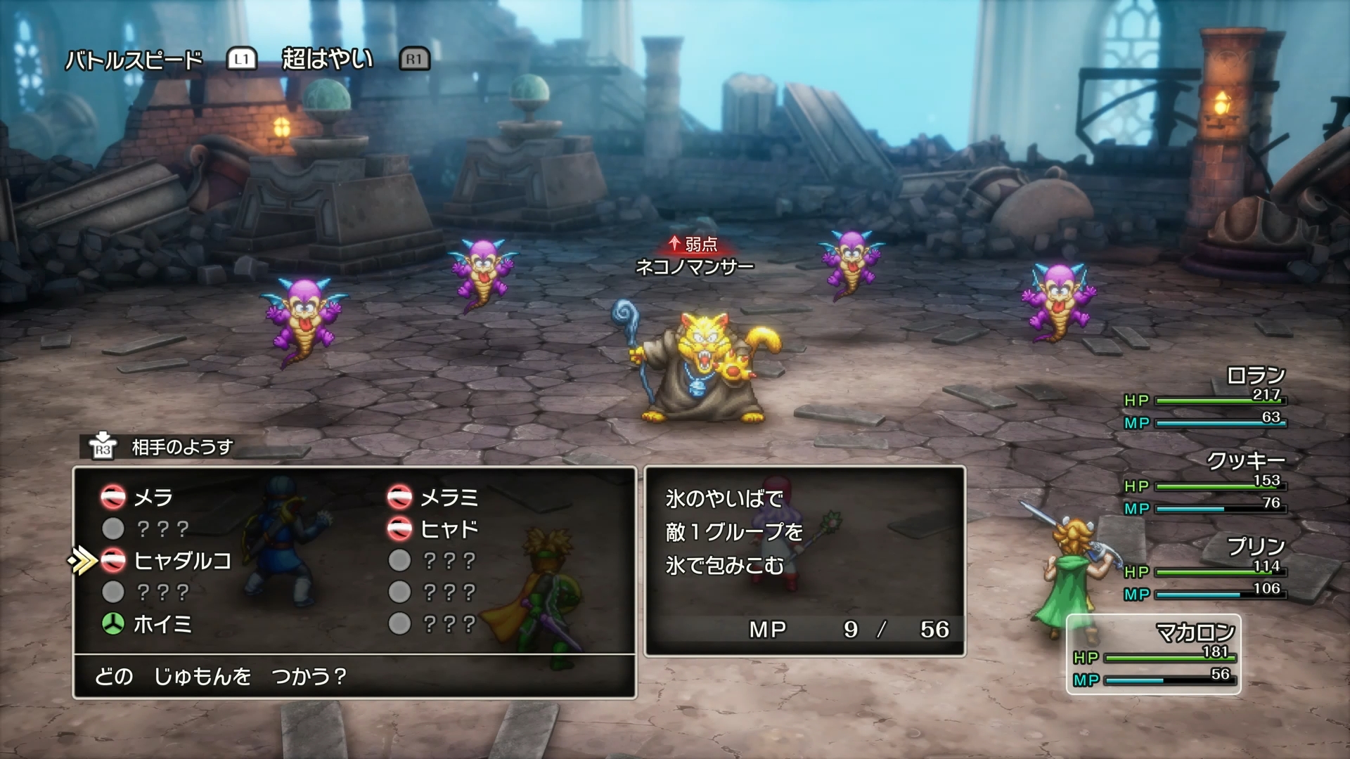 最後に待つのは、グレムリンとネコノマンサーのタッグ。ネコノマンサーの弱点はヒャドやヒャダルコといった氷系の呪文だが、周りのグレムリンも手強かった……