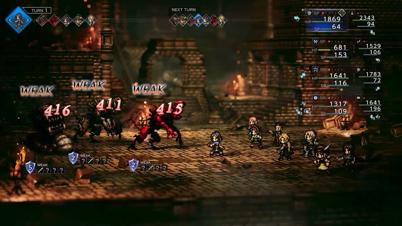 初遭遇時は、敵の弱点はすべて“？”で隠されている。パーティ側の攻撃が弱点だった場合、“？”の部分が弱点アイコンで置き換わる。仲間のキャラクターには、弱点を開示する能力を持つ者もいるので、それを利用して弱点を探す手段もある