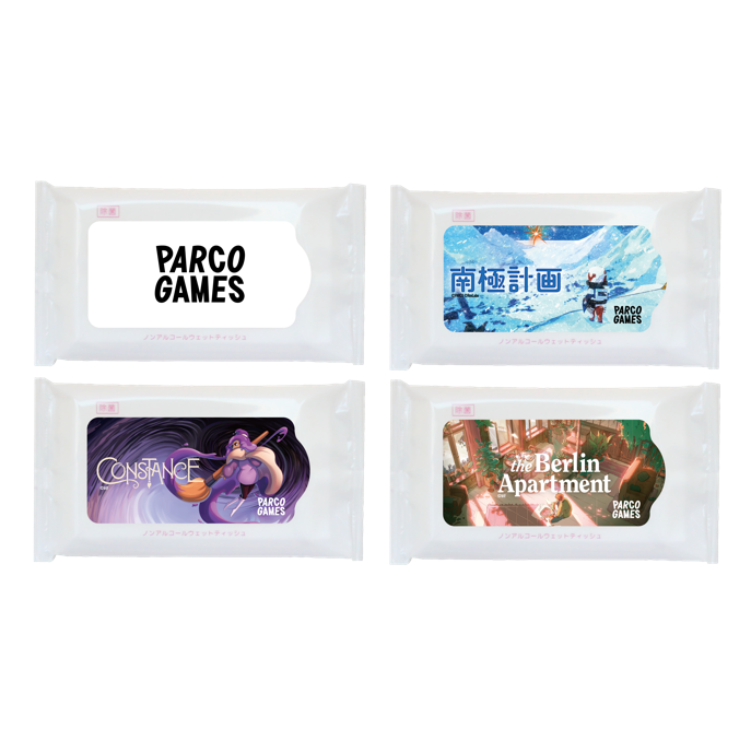 【来場特典ノベルティ】出展する3タイトルとレーベルロゴでデザインされたオリジナルウェットティッシュが配布される