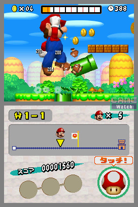 「New スーパーマリオブラザーズ」。巨大マリオやマメマリオなどのパワーアップも追加。DSの2画面を使った演出もある（画像は弊誌ニュースより）