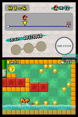 「New スーパーマリオブラザーズ」。巨大マリオやマメマリオなどのパワーアップも追加。DSの2画面を使った演出もある（画像は弊誌ニュースより）