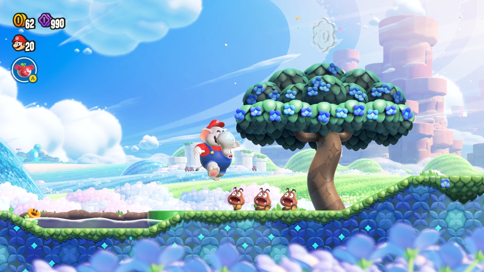 令和の最新作「スーパーマリオブラザーズ ワンダー」。これもまた2Dシリーズとしては11年ぶりの発売となった。全てが現代のクオリティに進化し、オンラインでは最大12人同時プレイが可能になった（画像は弊誌レビュー記事より）