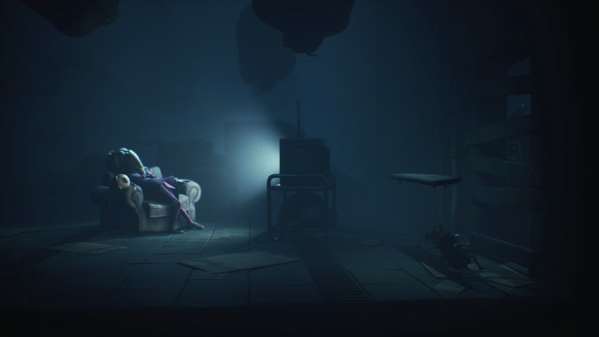 寝ている不気味な敵の横をステルスで抜けて奥までやってきたが、この板を剥がさないと先に進めない……思い切って剥がすと起きてしまうので、その後はダッシュで奥へ逃げる！