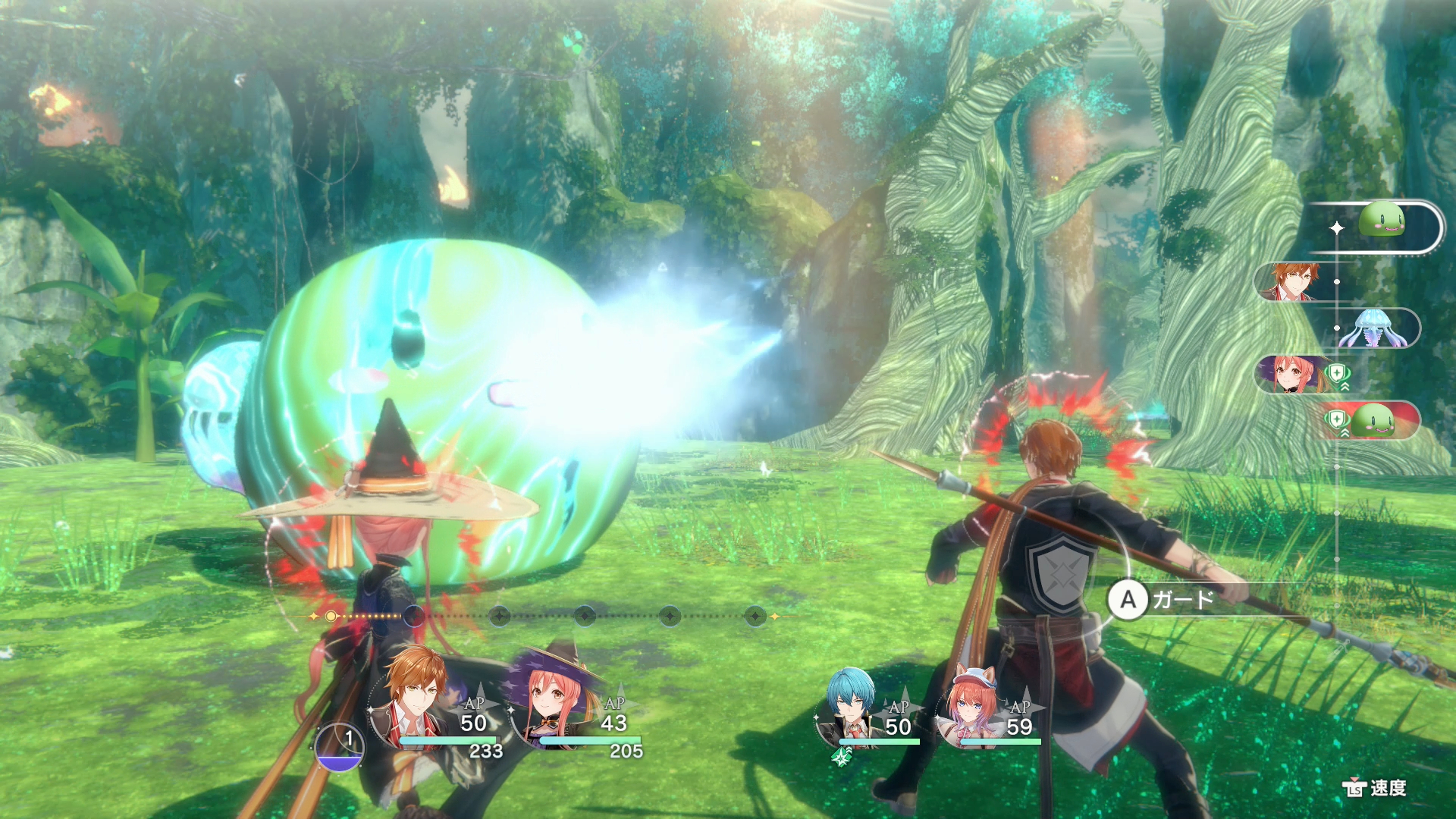 敵の攻撃が赤く光ったタイミングでAボタンを押せばジャストガード発動だが、失敗すれば通常のダメージを受けてしまう諸刃の剣。押しっぱなしでガードするのも良いが、アクションゲームの腕に覚えがあるなら、全戦闘でジャストガードを決めたいところ