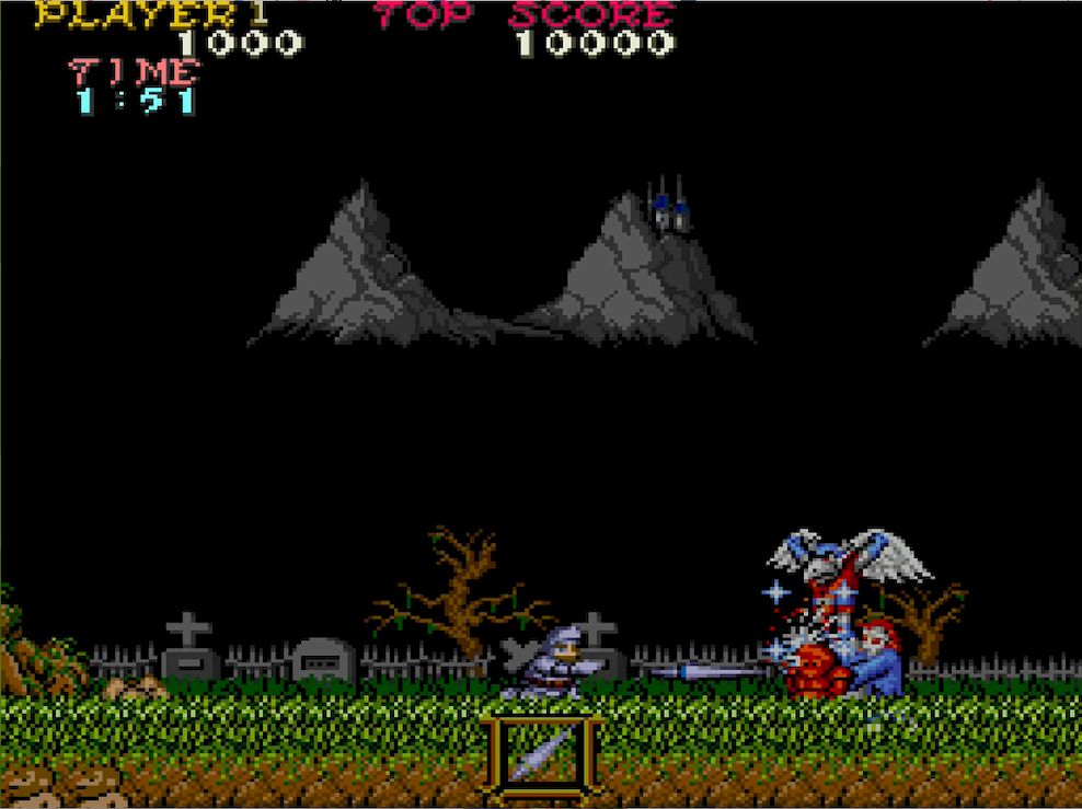 墓石から出現するマジシャンの呪文を浴びると、哀れアーサーはカエルの姿に変えられてしまう