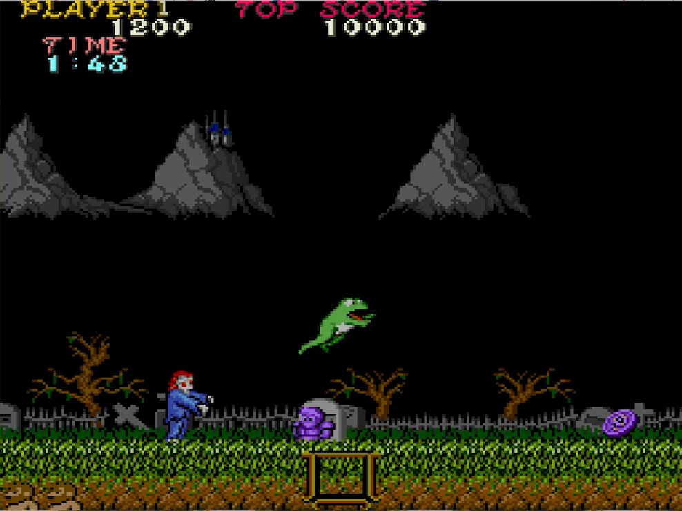 墓石から出現するマジシャンの呪文を浴びると、哀れアーサーはカエルの姿に変えられてしまう